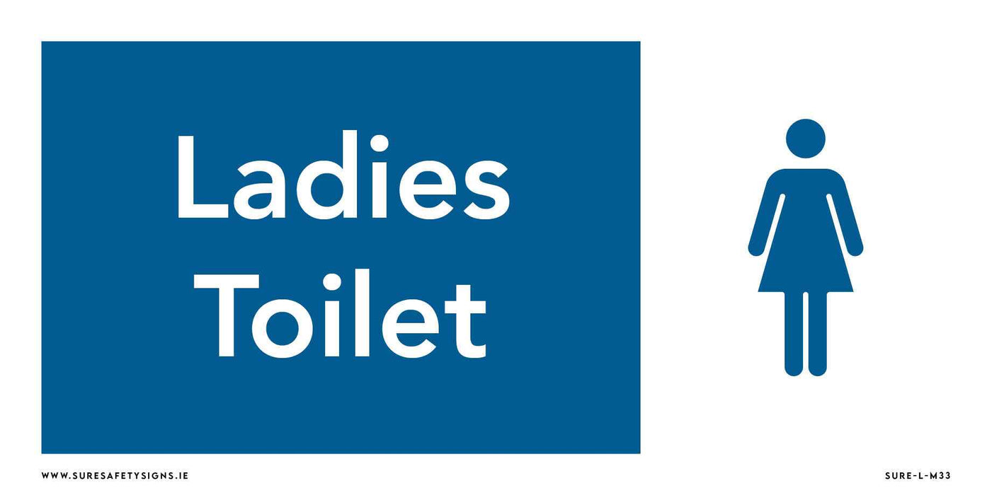 Blue safety sign with white text reading Ladies Toilet on the left, and a women’s restroom icon on the right, depicting a stick figure in a dress. Commonly seen across Ireland, this straightforward design ensures clarity and accessibility for all.