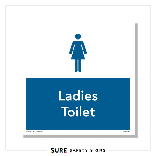 A safety sign indicating a womens restroom, featuring a simple female icon above the text Ladies Toilet in white on a blue background, designed to meet standard requirements in Ireland.