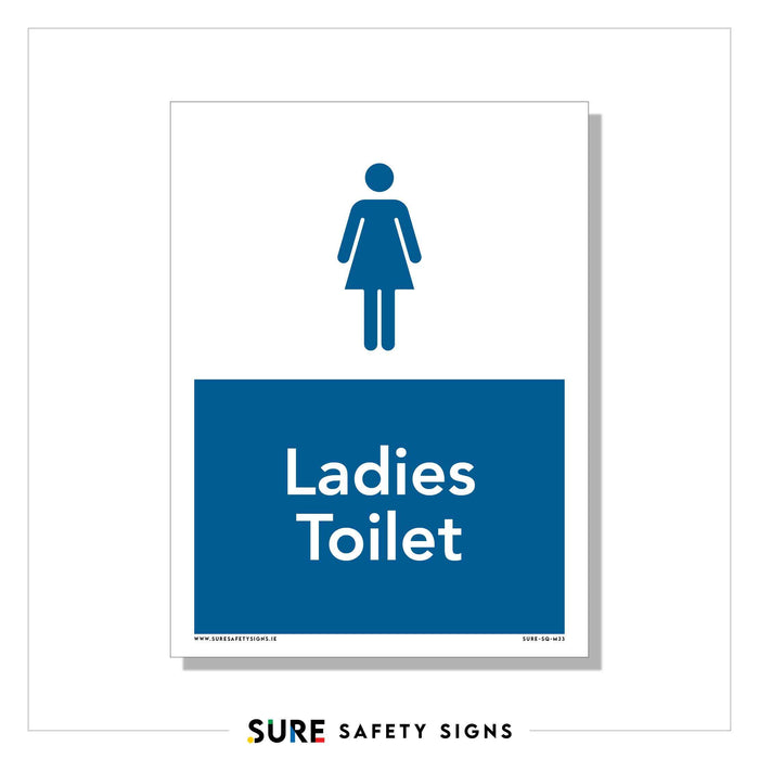 A safety sign indicating the ladies toilet in Ireland. It features a simple female silhouette above the words Ladies Toilet on a blue background.