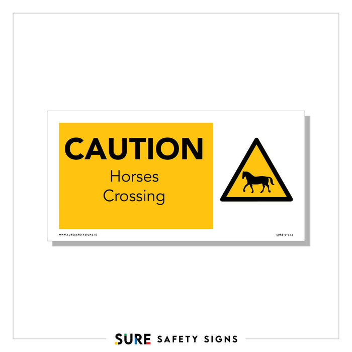 A rectangular safety sign with a yellow background reads CAUTION Horses Crossing on the left. On the right, a triangular warning symbol showcases a horse silhouette—an essential sight in Irelands countryside.