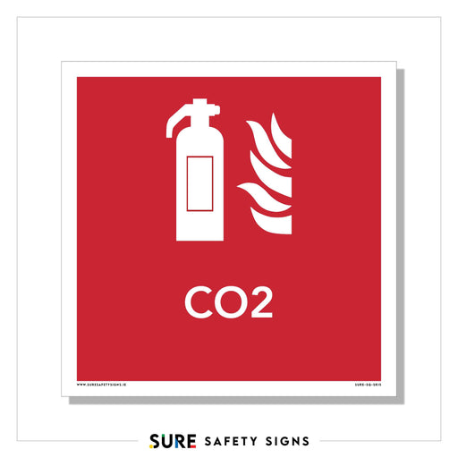 A red square safety sign features a white fire extinguisher icon beside flames. Below, CO2 is indicated, marking it as a carbon dioxide extinguisher—a standard in Ireland for effective fire control.