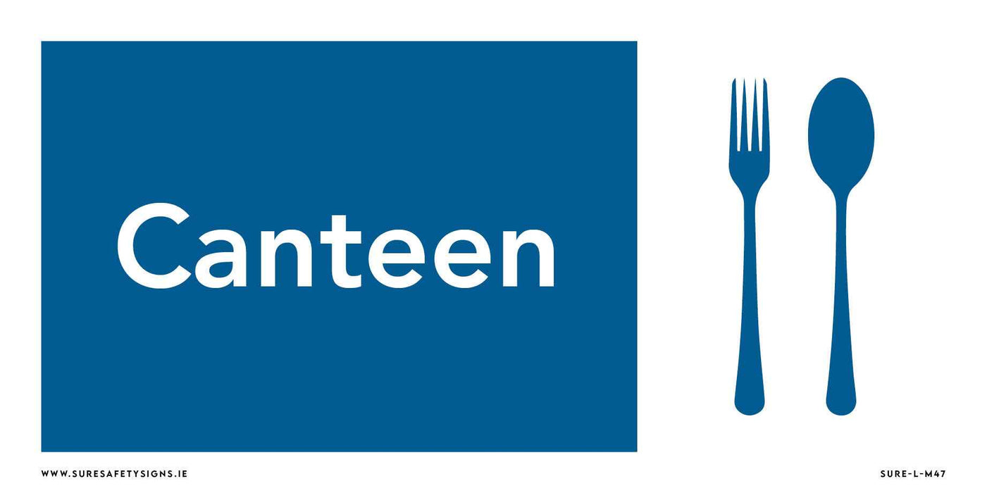 Blue canteen sign featuring the universal dining symbols: a white silhouette of a fork and spoon on the right.