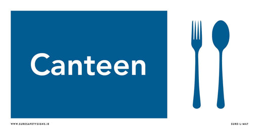 Blue canteen sign featuring the universal dining symbols: a white silhouette of a fork and spoon on the right.