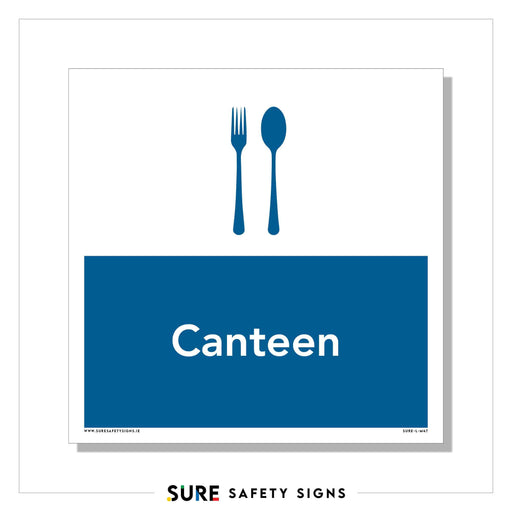 A blue and white informational sign features a universal dining symbol: a fork and spoon icon above the bold word Canteen. The lower half is solid blue, sourced from Sure Safety Signs.