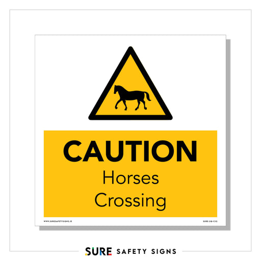 A yellow triangular caution sign features a black horse silhouette above a yellow rectangular panel reading CAUTION Horses Crossing in bold, high-visibility text.