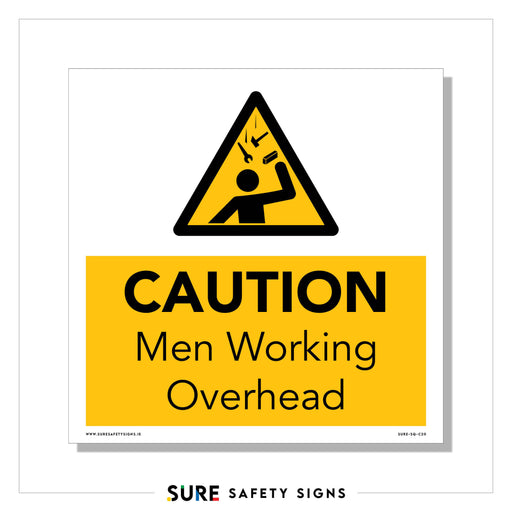 A workplace safety sign features a yellow triangle with a silhouette of a person raising an arm to shield from falling debris. Below, the caution sign reads CAUTION Men Working Overhead in bold on a yellow rectangle.