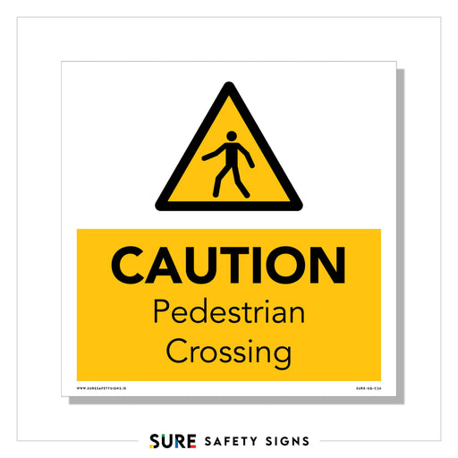 A yellow caution sign featuring a triangular symbol of a walking person above the text CAUTION Pedestrian Crossing highlights road safety.