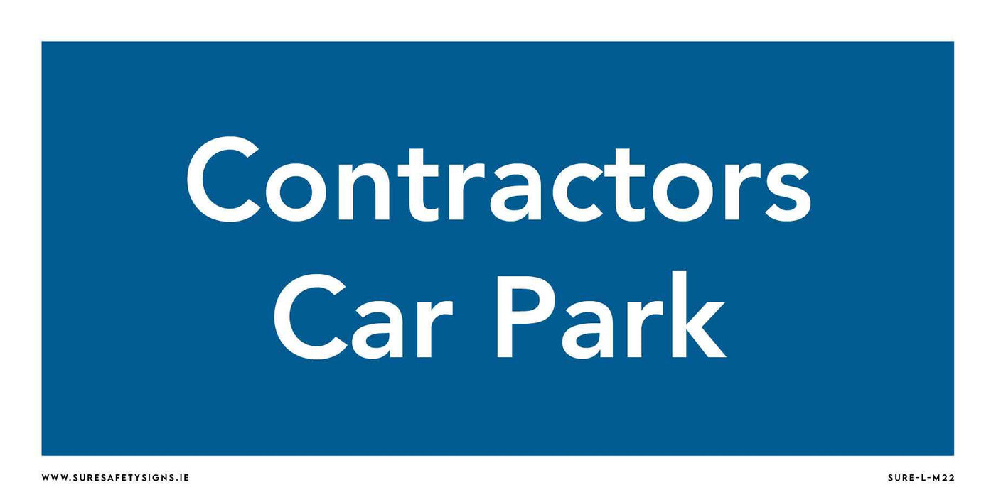 Sign with a blue background and white text that reads Contractors Car Park, designed to enhance site traffic flow and optimize parking management.
