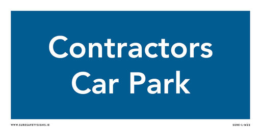Sign with a blue background and white text that reads Contractors Car Park, designed to enhance site traffic flow and optimize parking management.