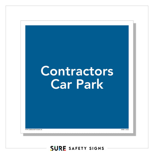 Blue square sign with white text reading Contractors Car Park aids in efficient site traffic flow. The sign, featuring a white border and Sure Safety Signs branding at the bottom, is essential for streamlined parking management.