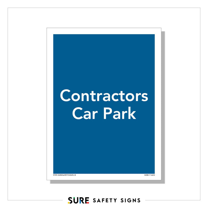 A blue sign with white text reads Contractors Car Park, guiding site traffic flow efficiently. The sign features a white border and is branded with Sure Safety Signs at the bottom, ensuring effective parking management.