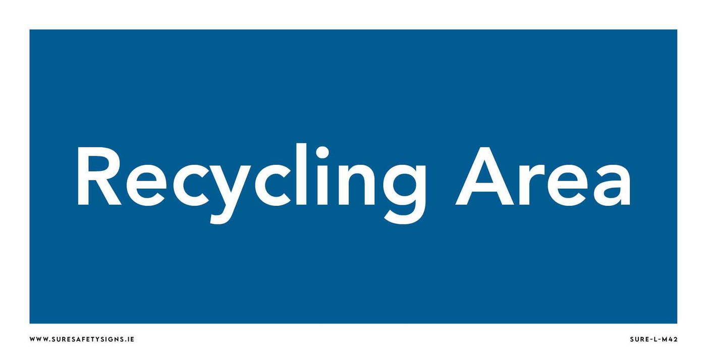 A blue safety sign with white text that reads Recycling Area, reminiscent of those often seen in Ireland.