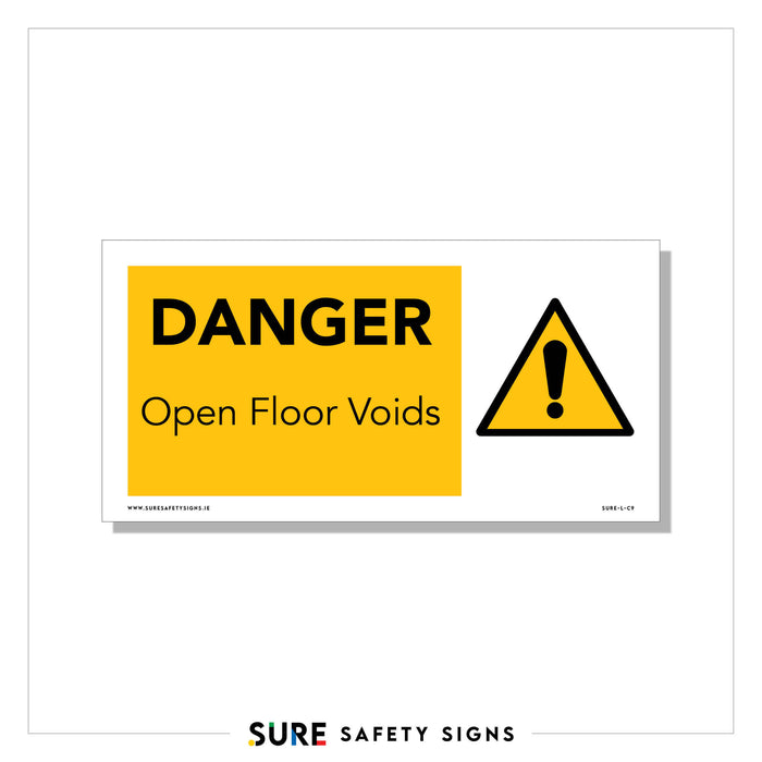 Safety sign with text DANGER Open Floor Voids highlighting fall hazards in black on a yellow background. To the right, a yellow triangle with a black exclamation mark inside.