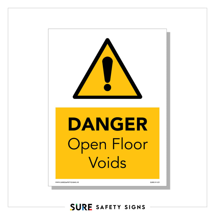 Safety sign featuring a yellow triangle with an exclamation mark, reading DANGER Open Floor Voids to alert against fall hazards. The text is bold in black on a yellow background, with the brand SURE SAFETY SIGNS at the bottom.