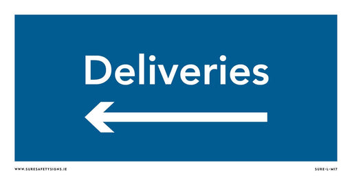 A blue safety sign with the word Deliveries in white, accompanied by a left-pointing arrow, guides deliveries efficiently. The sign features a website URL at the bottom, ensuring easy access to information across Ireland.