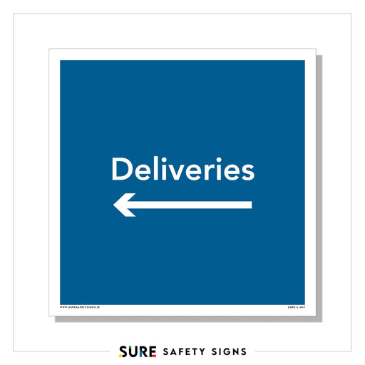 Blue square safety sign with the word Deliveries and a white left-pointing arrow directing towards the left. The sign is bordered in white and labeled at the bottom with SURE SAFETY SIGNS, Ireland.