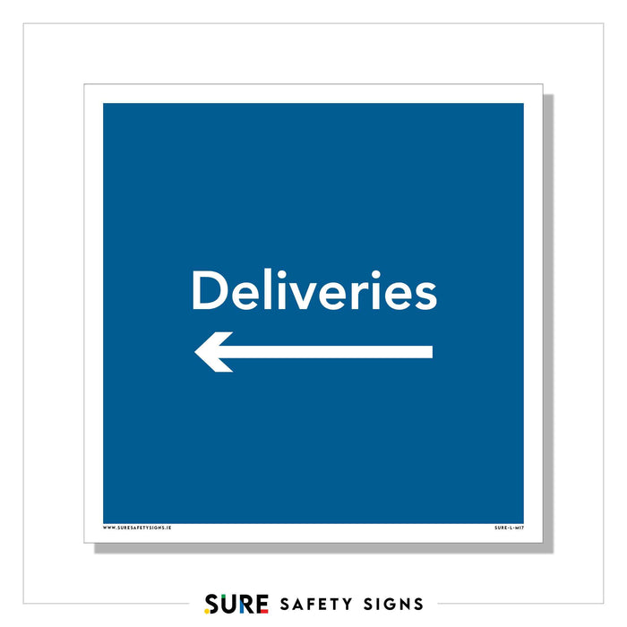 Blue square safety sign with the word Deliveries and a white left-pointing arrow directing towards the left. The sign is bordered in white and labeled at the bottom with SURE SAFETY SIGNS, Ireland.
