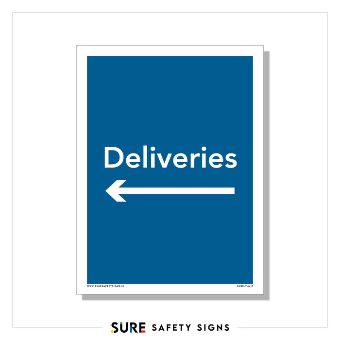 Blue safety sign with the word Deliveries in white, accompanied by a white arrow pointing left. The sign is bordered, featuring the Sure Safety Signs logo at the bottom, a trusted name in Ireland.