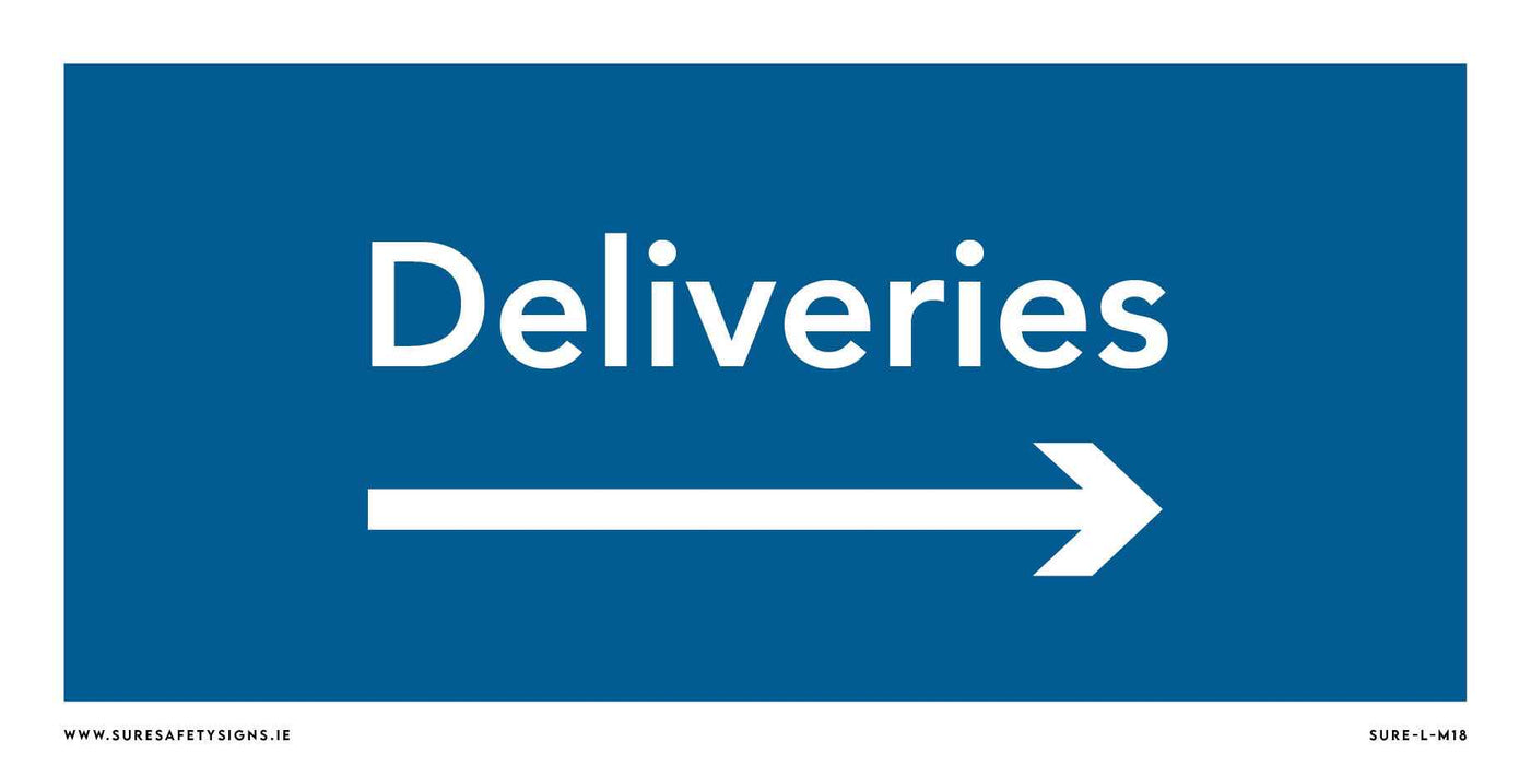 A blue rectangular directional sign with the word Deliveries in white at the center and a white arrow pointing to the right, expertly designed for effective traffic management.
