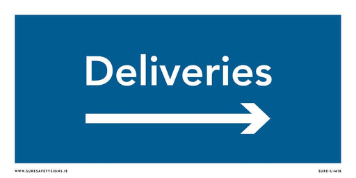 A blue rectangular directional sign with the word Deliveries in white at the center and a white arrow pointing to the right, expertly designed for effective traffic management.