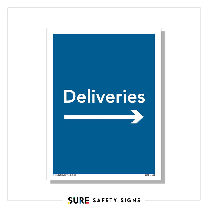 A sign with a blue background and the word Deliveries in white directs traffic efficiently. Below the text, an arrow points to the right, functioning as a clear directional sign for seamless delivery flow.