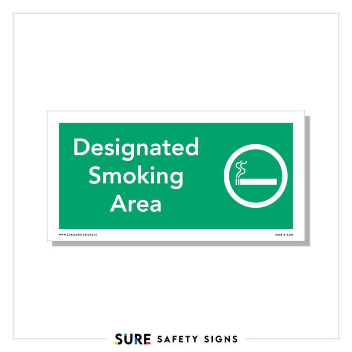 A green safety sign displays the text Designated Smoking Area with a white circle containing a smoking cigarette icon on the right side, adhering to standards often seen in Ireland.