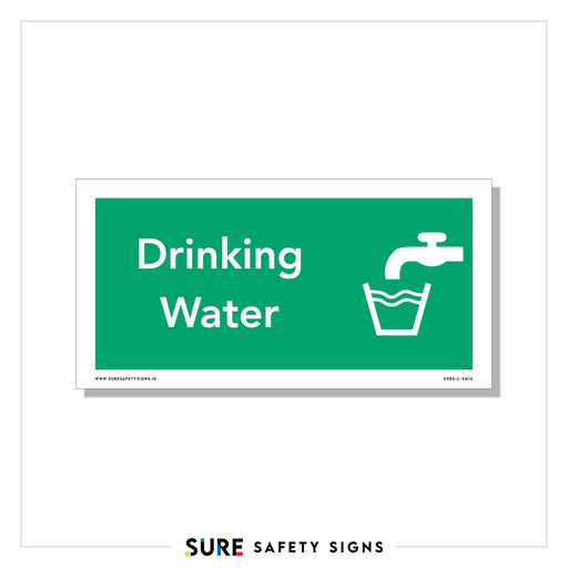 A high-visibility green safety sign displays a water faucet icon above a glass filled with safe drinking water, along with the text Drinking Water.