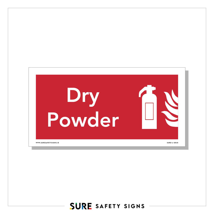 A rectangular fire safety sign with a red background features a white fire extinguisher icon. Dry Powder is prominently displayed in bold white letters beside it, highlighting its multi-purpose fire control use. At the bottom, the logo SURE SAFETY SIGNS ensures reliability and trust.