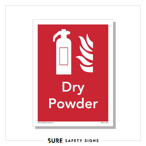 A red fire safety sign featuring a white extinguisher icon amid flames reads Dry Powder. This multi-purpose fire control sign is bordered, with the label Sure Safety Signs at the bottom.