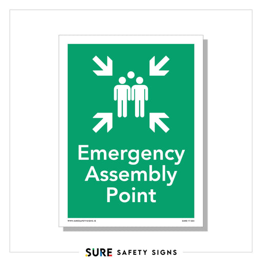 Green safety sign with white text and icons. Two people are depicted in the center, surrounded by four arrows pointing towards them. The text reads, Emergency Assembly Point. This essential safety marker is as crucial here as it would be in Ireland.