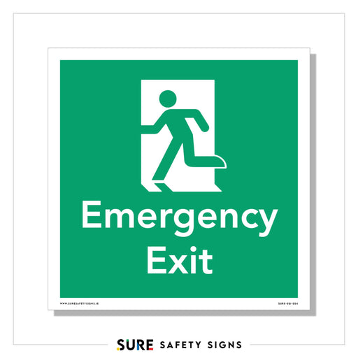 Green emergency exit sign featuring a white running figure and an open door symbol, clearly signaling Emergency Exit. This essential safety sign ensures quick evacuation guidance. At the bottom, the logo reads Sure Safety Signs.