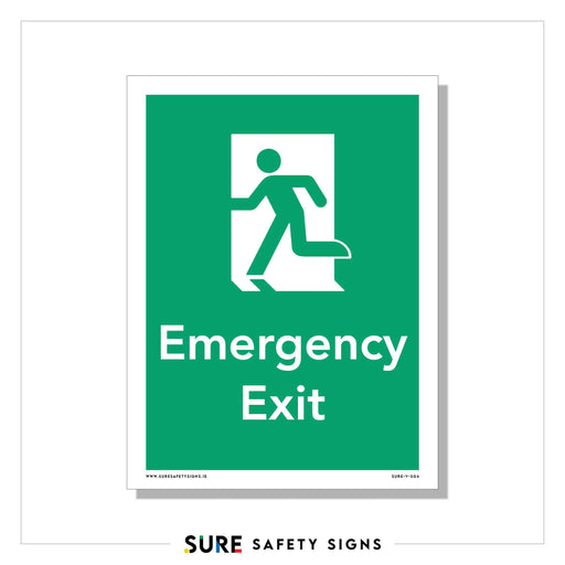 A green emergency exit safety sign features a white running figure and an open door, clearly indicating Emergency Exit for swift evacuation.