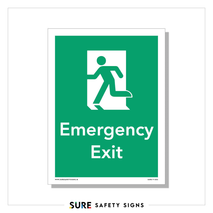 A green emergency exit safety sign features a white running figure and an open door, clearly indicating Emergency Exit for swift evacuation.