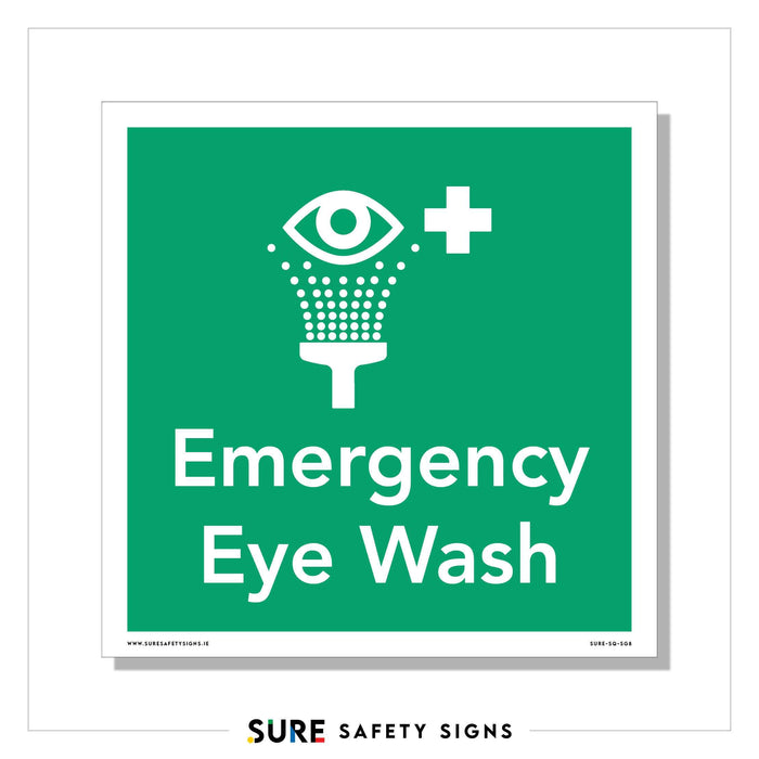 Green sign featuring a white eye graphic, plus symbol, and water spray icon. Text below reads Emergency Eye Wash, highlighting the importance of Eye Wash Stations as a critical Safety Sign for immediate relief during emergencies.