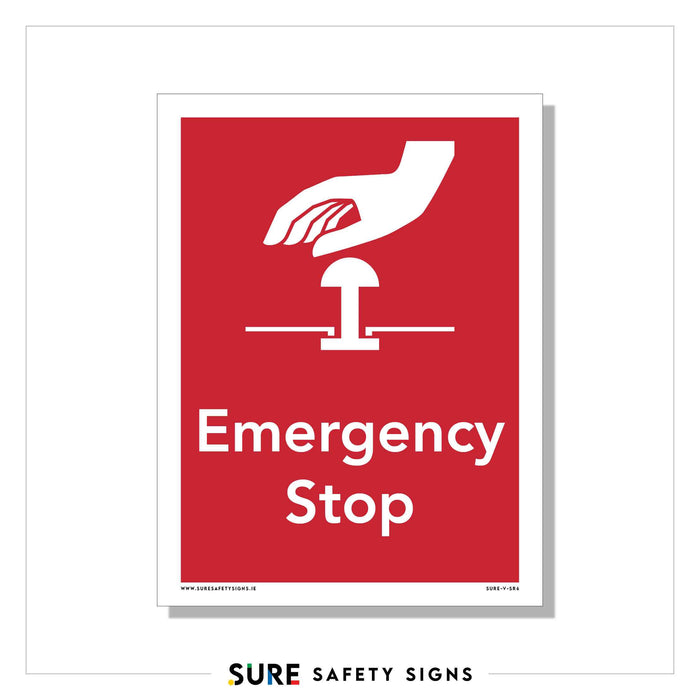 In Ireland, a red safety sign features a white hand graphic pressing a button, with the text Emergency Stop below.