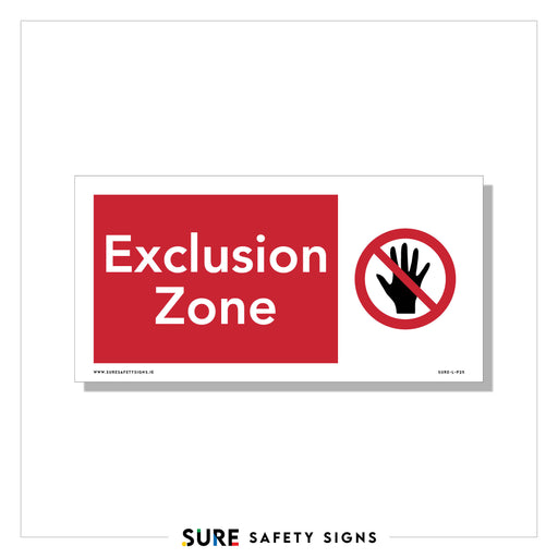 Red and white horizontal  industrial exclusion zone warning sign with crossed hand symbol indicating restricted access area for workplace safety