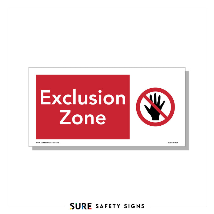 Red and white horizontal  industrial exclusion zone warning sign with crossed hand symbol indicating restricted access area for workplace safety