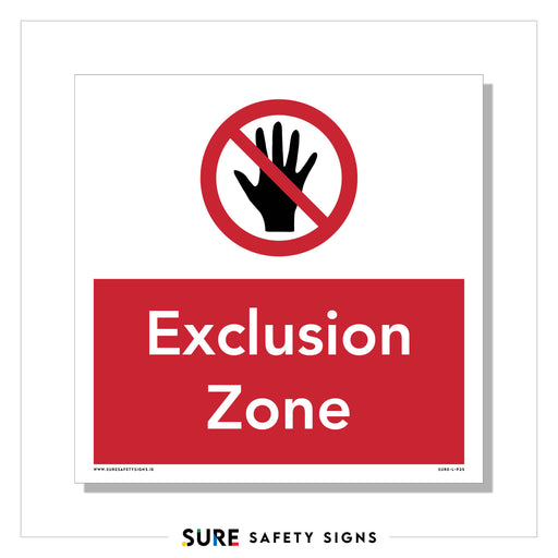 Red and white square  industrial exclusion zone warning sign with crossed hand symbol indicating restricted access area for workplace safety