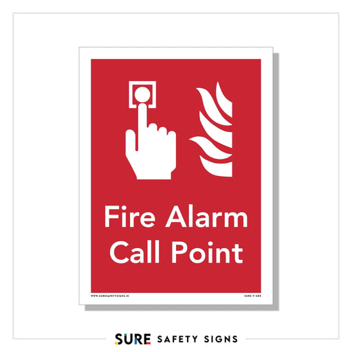 A red sign featuring a hand pressing a button with flames nearby. The text reads Fire Alarm Call Point, emphasizing international fire safety and emergency activation protocols.