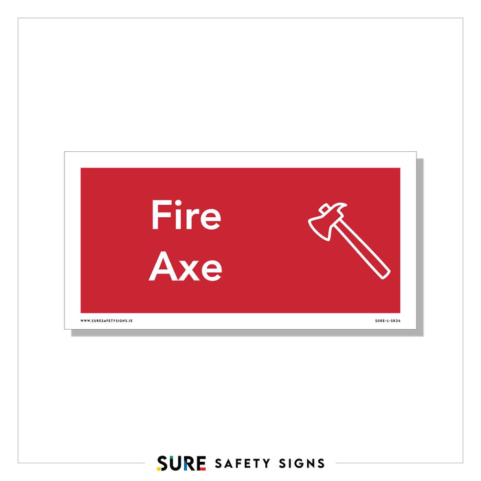 A rectangular safety sign with a red background features the white text Fire Axe beside a simple white outline of an axe, ensuring clarity and readiness in any situation.