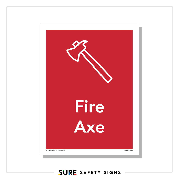 A red safety sign displaying a white outline of a fire axe is prominently featured above the text Fire Axe, designed to meet Irelands rigorous safety standards.