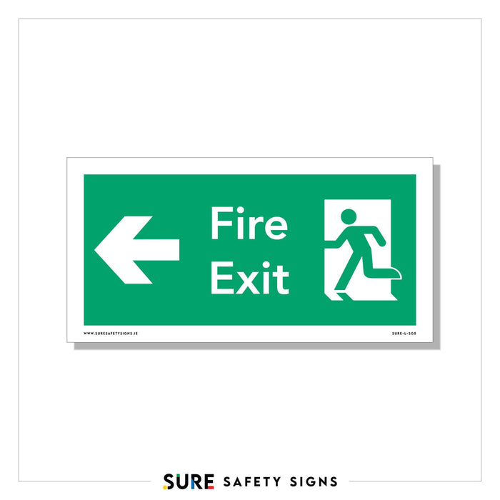 Green fire exit safety sign featuring a white arrow pointing left, with the text Fire Exit and a running figure heading toward an open door, adhering to Irelands safety standards.