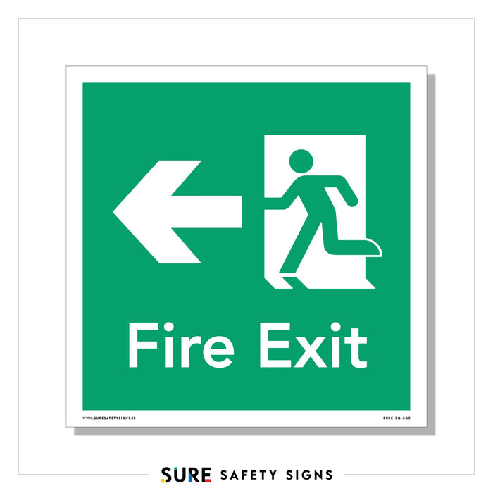 A green fire exit sign with a white figure running through a door, pointing left. The words Fire Exit are written below in white, ensuring it meets Irelands safety sign standards.