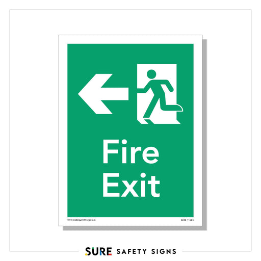 Green fire exit safety sign with a white pictogram of a person running through a door and a left-pointing arrow. The words Fire Exit are written below the image, emphasizing the importance of emergency preparedness familiar in places like Ireland.