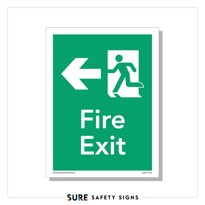 Green fire exit safety sign with a white pictogram of a person running through a door and a left-pointing arrow. The words Fire Exit are written below the image, emphasizing the importance of emergency preparedness familiar in places like Ireland.