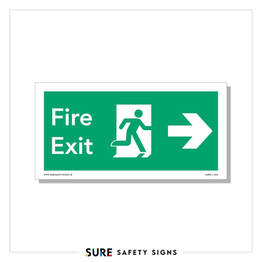 Green fire exit sign featuring a running figure with a right-pointing arrow, clearly indicating the direction to the nearest emergency exit. This essential piece of safety signage ensures quick and efficient evacuation during emergencies.