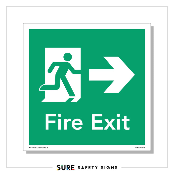 The green safety signage features a white pictogram of a person running through a door, accompanied by a large right-pointing arrow. Below the arrow, Fire Exit is boldly displayed in white, ensuring clarity during an emergency exit.