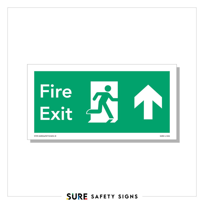 Green fire exit safety sign featuring a figure running through a door with an upward-pointing arrow, indicating the exit direction. This design is commonly seen in Ireland.