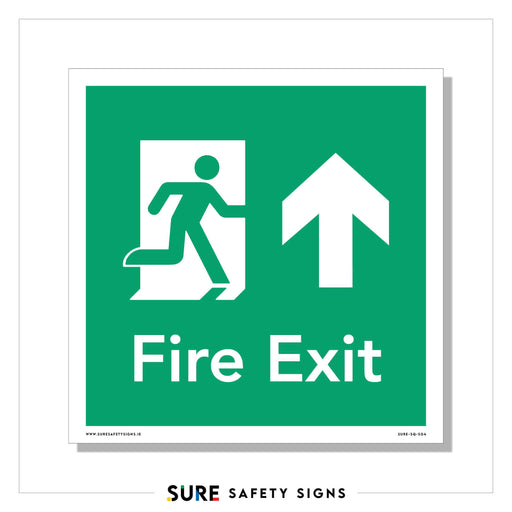 A green safety sign displays a white figure running through a door with an upward arrow, directing to the exit. Fire Exit is prominently shown below, ensuring clear guidance in line with Irelands stringent fire safety standards.