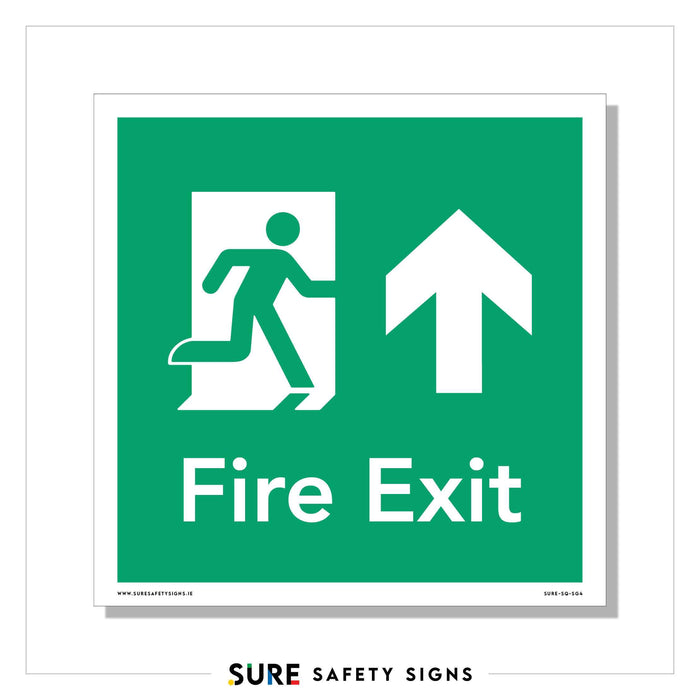 A green safety sign displays a white figure running through a door with an upward arrow, directing to the exit. Fire Exit is prominently shown below, ensuring clear guidance in line with Irelands stringent fire safety standards.